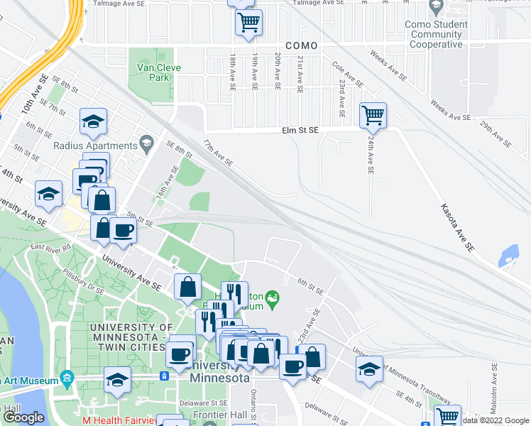 map of restaurants, bars, coffee shops, grocery stores, and more near 700 6th Street Southeast in Minneapolis
