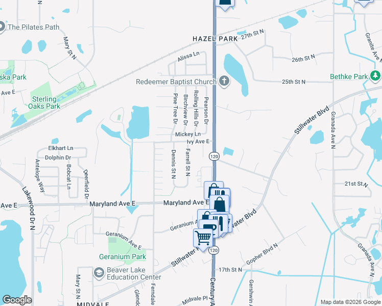 map of restaurants, bars, coffee shops, grocery stores, and more near 1262 Farrell Street North in Maplewood