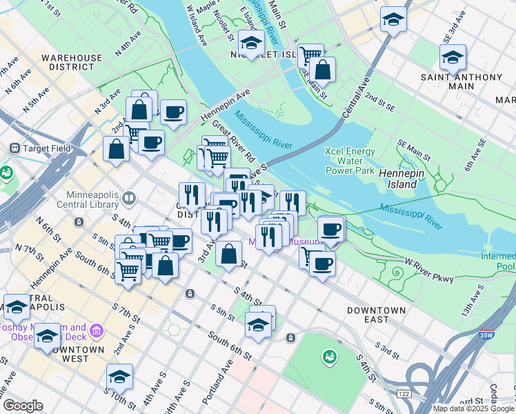 map of restaurants, bars, coffee shops, grocery stores, and more near 322 South 2nd Street in Minneapolis