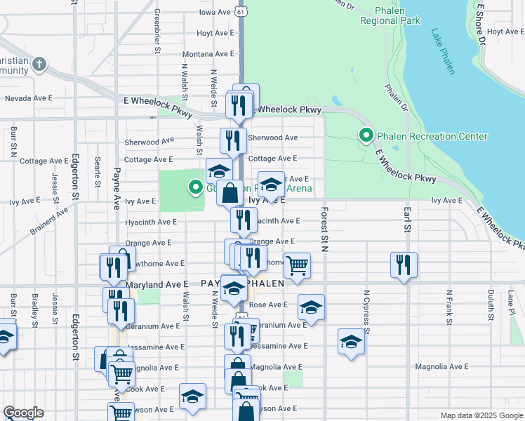 map of restaurants, bars, coffee shops, grocery stores, and more near 1290 Arcade Street in Saint Paul