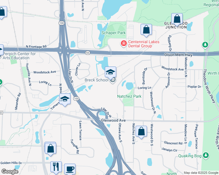 map of restaurants, bars, coffee shops, grocery stores, and more near 123 Ottawa Avenue North in Minneapolis