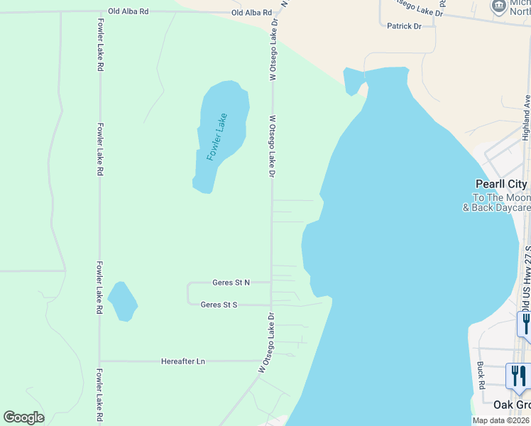 map of restaurants, bars, coffee shops, grocery stores, and more near West Otsego Lake Drive in Gaylord
