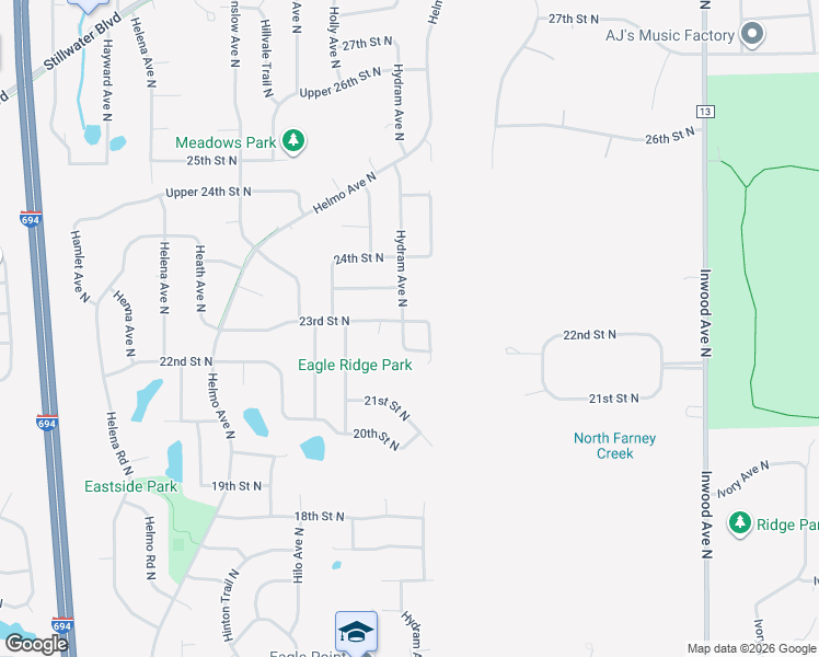 map of restaurants, bars, coffee shops, grocery stores, and more near 7859 23rd Street North in Oakdale