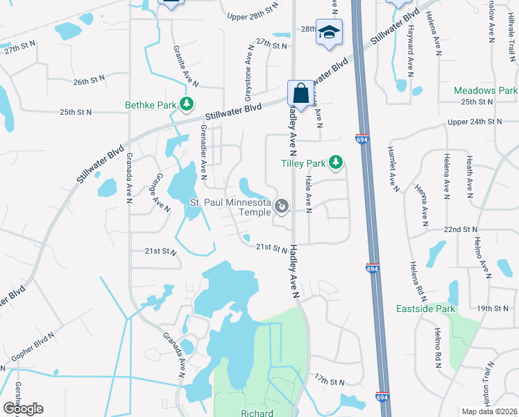 map of restaurants, bars, coffee shops, grocery stores, and more near 2212 Grospoint Avenue North in Oakdale