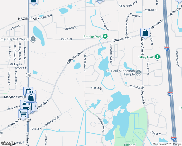 map of restaurants, bars, coffee shops, grocery stores, and more near 6567 Upper 22nd Street North in Saint Paul
