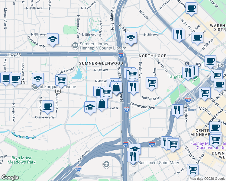 map of restaurants, bars, coffee shops, grocery stores, and more near 290 Market Street in Minneapolis
