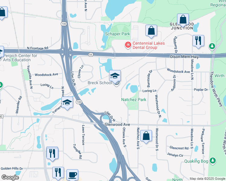 map of restaurants, bars, coffee shops, grocery stores, and more near 123 Ottawa Avenue North in Golden Valley