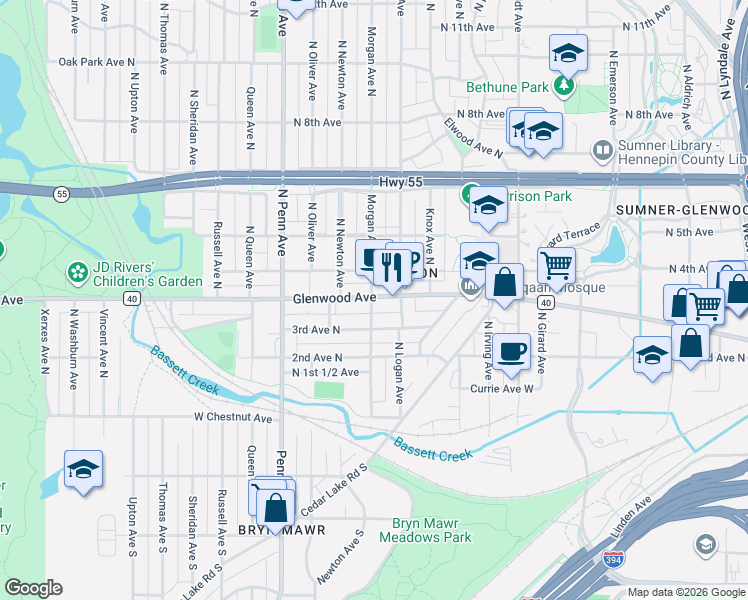 map of restaurants, bars, coffee shops, grocery stores, and more near 322 North Morgan Avenue in Minneapolis