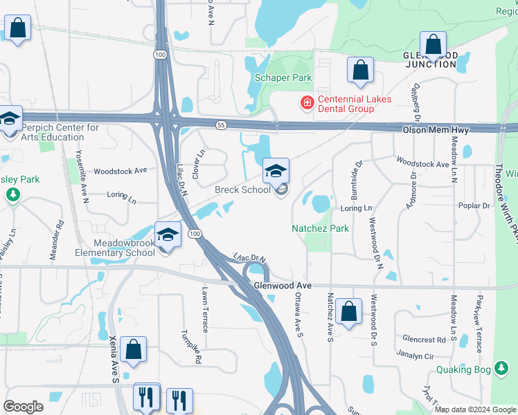 map of restaurants, bars, coffee shops, grocery stores, and more near 123 Ottawa Avenue North in Minneapolis