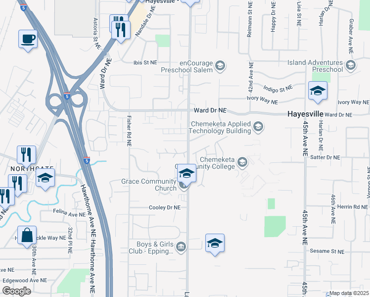 map of restaurants, bars, coffee shops, grocery stores, and more near 4335 Lancaster Drive Northeast in Salem