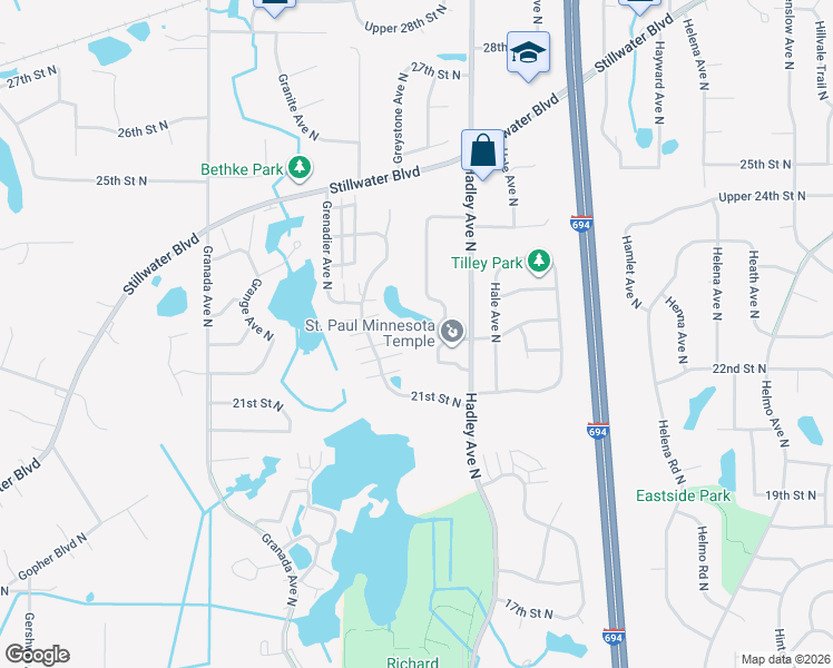 map of restaurants, bars, coffee shops, grocery stores, and more near 2212 Grospoint Avenue North in Oakdale