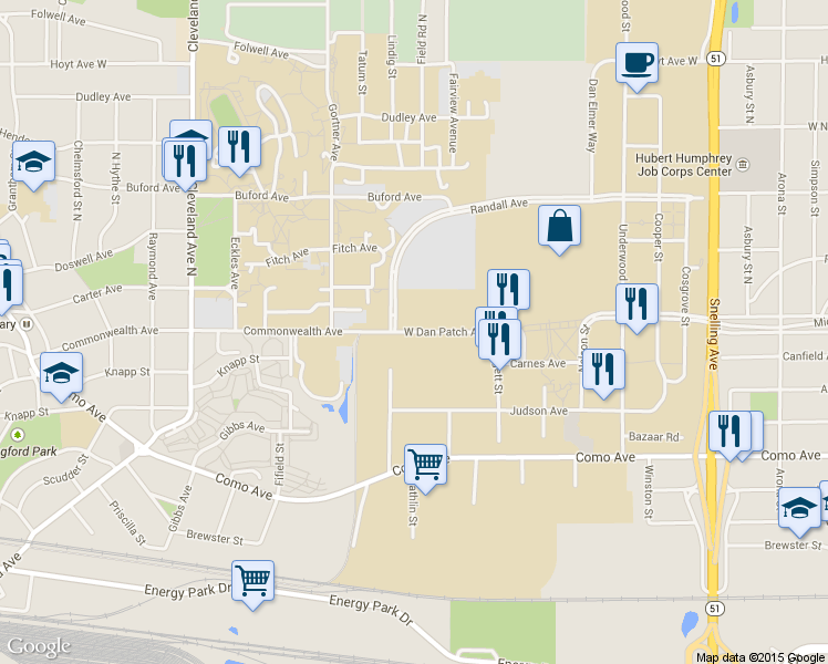 map of restaurants, bars, coffee shops, grocery stores, and more near W Dan Patch Ave in Falcon Heights