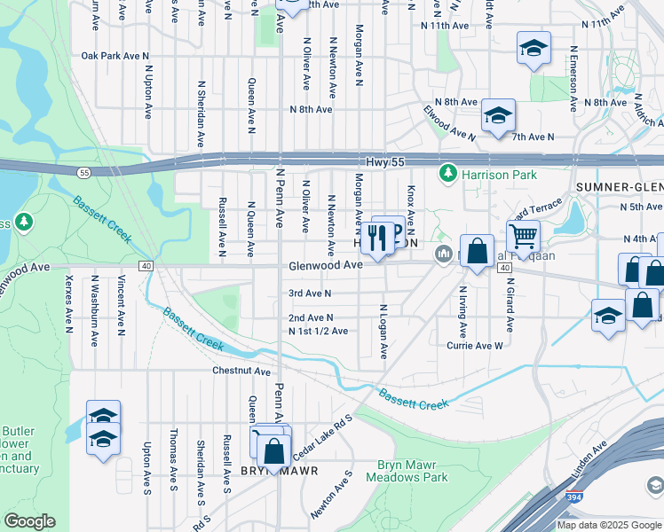 map of restaurants, bars, coffee shops, grocery stores, and more near Glenwood Ave & N Newton Ave in Minneapolis