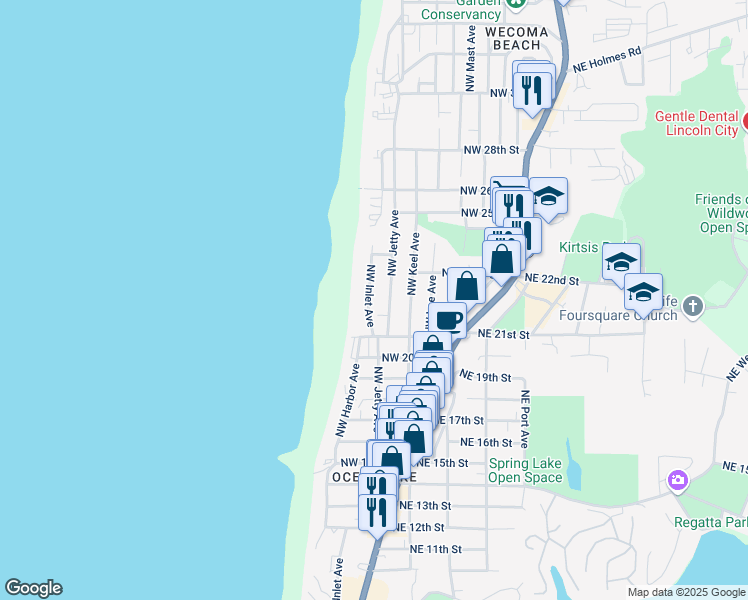 map of restaurants, bars, coffee shops, grocery stores, and more near 2138 Northwest Inlet Avenue in Lincoln City