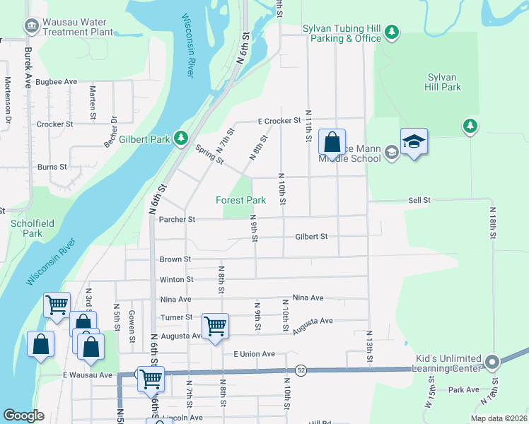 map of restaurants, bars, coffee shops, grocery stores, and more near 827 Parcher Street in Wausau