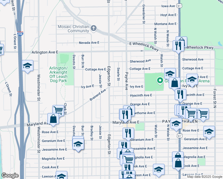 map of restaurants, bars, coffee shops, grocery stores, and more near 1303 Edgerton Street in Saint Paul