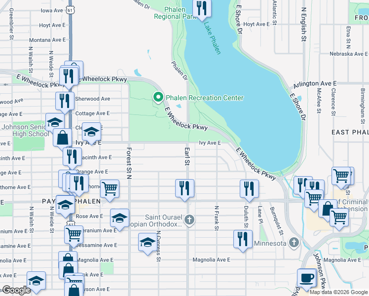 map of restaurants, bars, coffee shops, grocery stores, and more near 1298 Earl Street in Saint Paul
