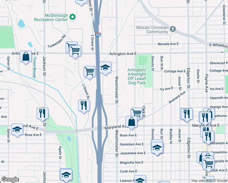 map of restaurants, bars, coffee shops, grocery stores, and more near 1313 Westminster Street in Saint Paul
