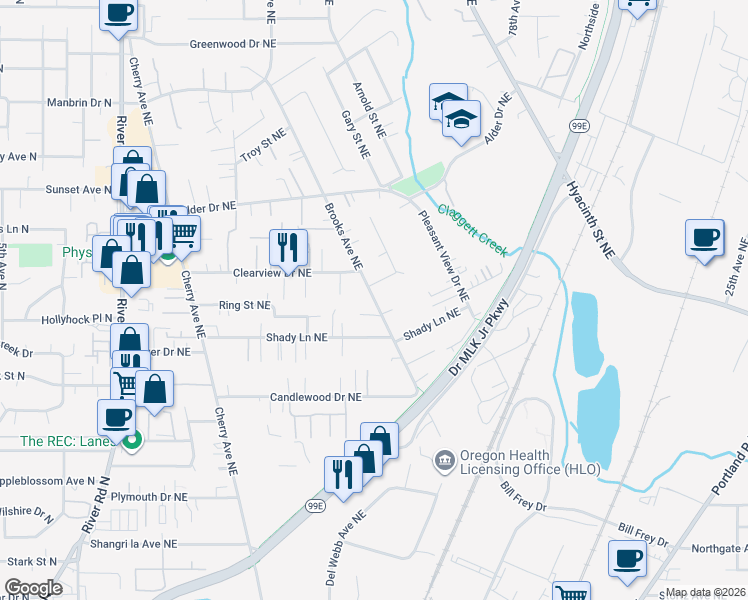 map of restaurants, bars, coffee shops, grocery stores, and more near 1377 Krysti Court Northeast in Keizer