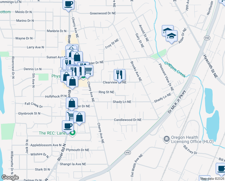 map of restaurants, bars, coffee shops, grocery stores, and more near 1150 Ring Street Northeast in Keizer