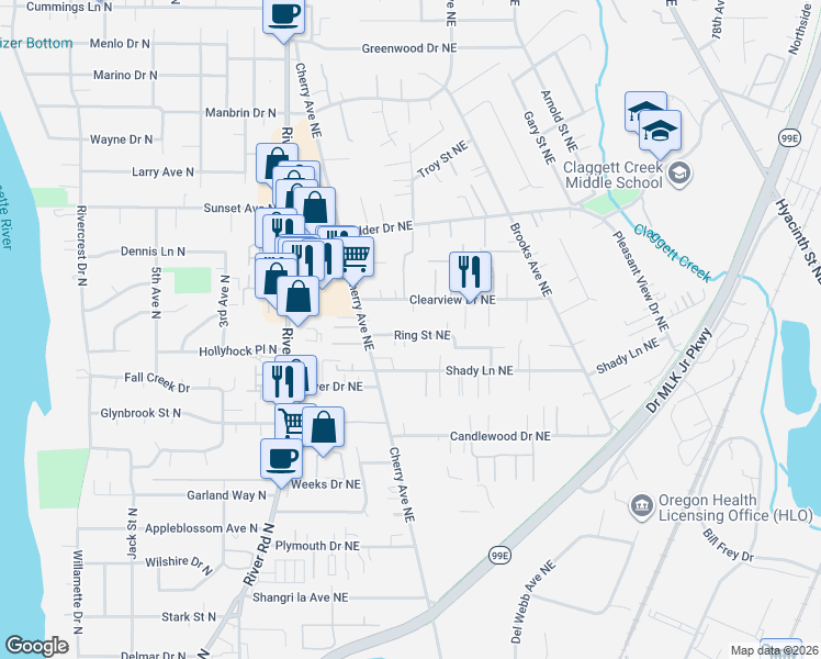 map of restaurants, bars, coffee shops, grocery stores, and more near 1028 Ring Street Northeast in Keizer