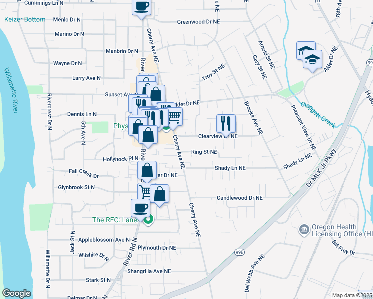 map of restaurants, bars, coffee shops, grocery stores, and more near 1028 Ring Street Northeast in Keizer