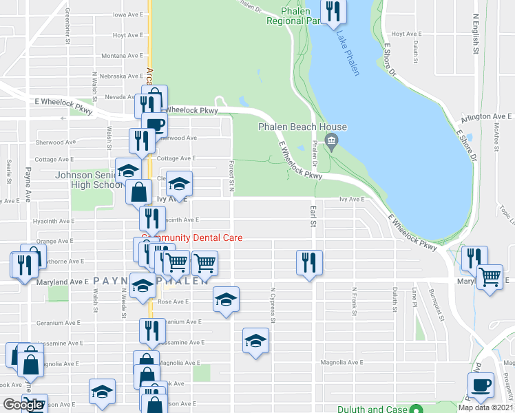 map of restaurants, bars, coffee shops, grocery stores, and more near 957 Hyacinth Avenue East in Saint Paul