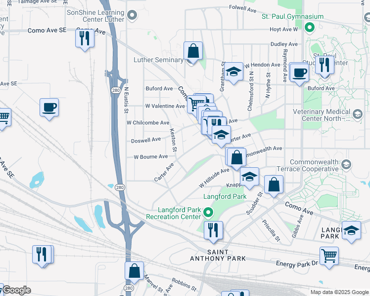 map of restaurants, bars, coffee shops, grocery stores, and more near 2301 Carter Avenue in Saint Paul