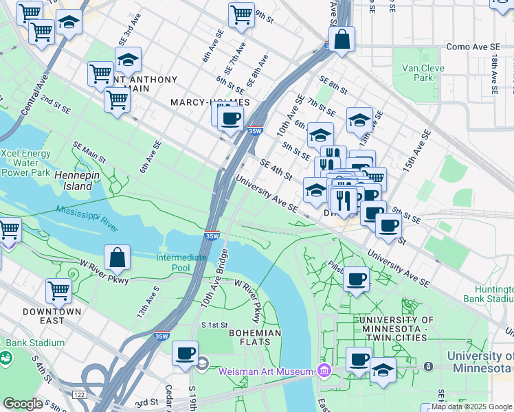 map of restaurants, bars, coffee shops, grocery stores, and more near 1022 University Avenue Southeast in Minneapolis