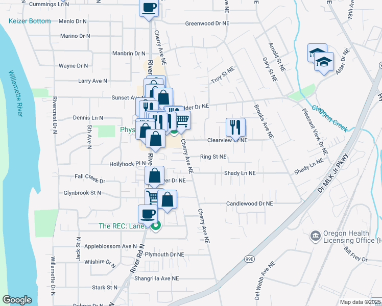 map of restaurants, bars, coffee shops, grocery stores, and more near 1028 Ring Street Northeast in Keizer