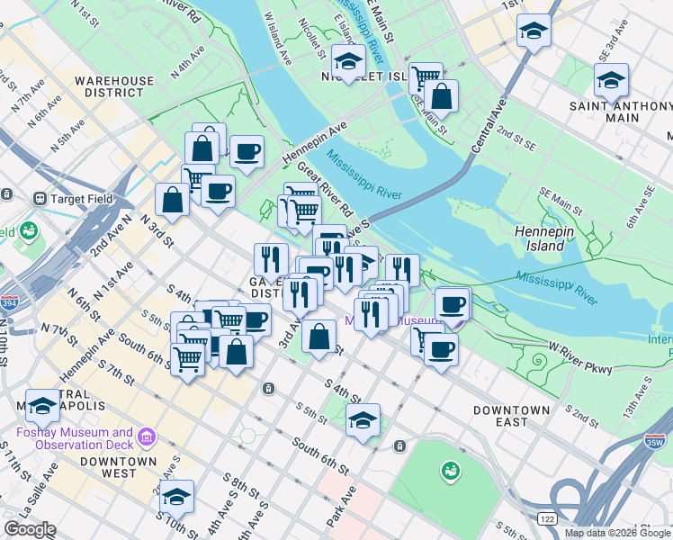 map of restaurants, bars, coffee shops, grocery stores, and more near 300 South 2nd Street in Minneapolis