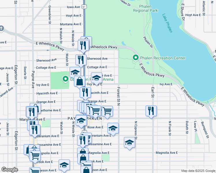map of restaurants, bars, coffee shops, grocery stores, and more near 887 Hyacinth Avenue East in Saint Paul