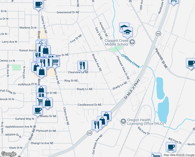 map of restaurants, bars, coffee shops, grocery stores, and more near 1377 Krysti Court Northeast in Keizer