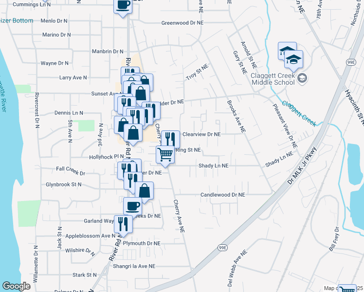 map of restaurants, bars, coffee shops, grocery stores, and more near 1028 Ring Street Northeast in Keizer
