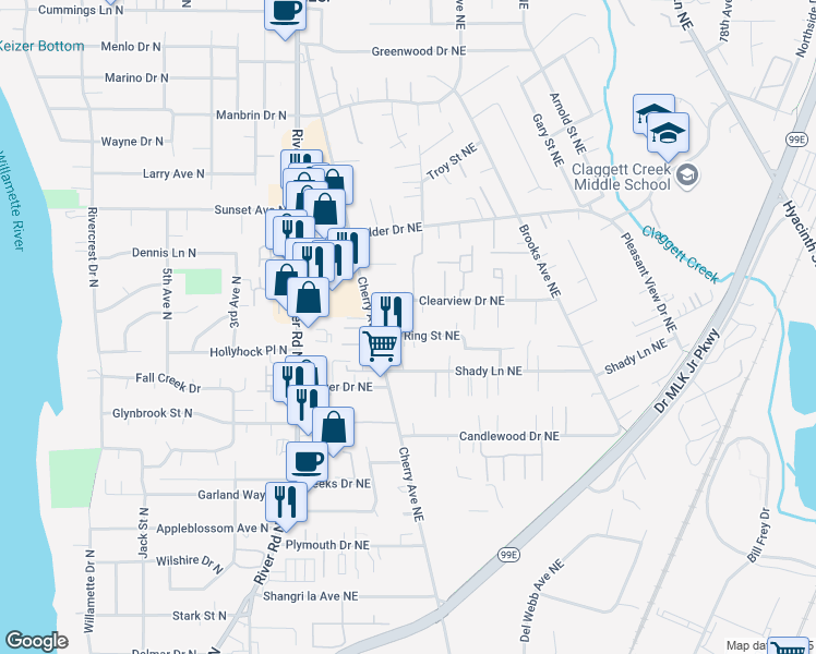 map of restaurants, bars, coffee shops, grocery stores, and more near 1028 Ring Street Northeast in Keizer