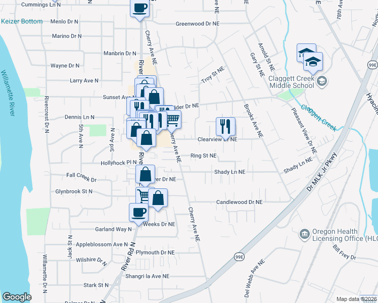 map of restaurants, bars, coffee shops, grocery stores, and more near 1028 Ring Street Northeast in Keizer