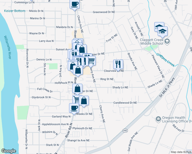 map of restaurants, bars, coffee shops, grocery stores, and more near 1028 Ring Street Northeast in Keizer