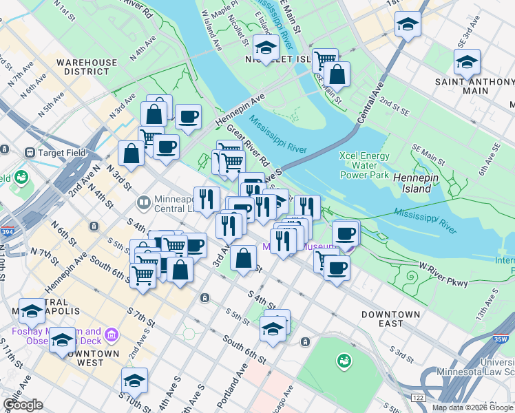 map of restaurants, bars, coffee shops, grocery stores, and more near 300 South 2nd Street in Minneapolis