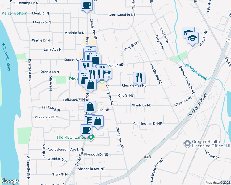 map of restaurants, bars, coffee shops, grocery stores, and more near 1013 Ring Street Northeast in Keizer