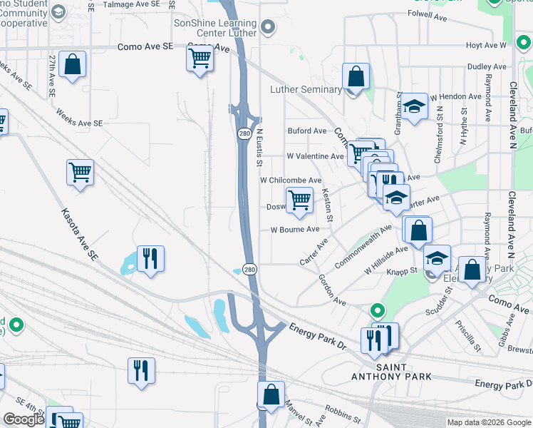 map of restaurants, bars, coffee shops, grocery stores, and more near 2417 West Bourne Avenue in Saint Paul