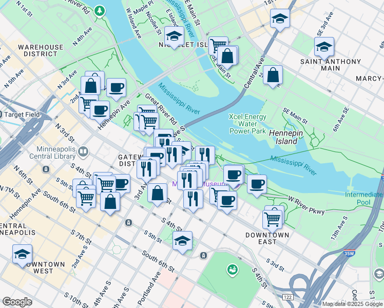 map of restaurants, bars, coffee shops, grocery stores, and more near 428 South 2nd Street in Minneapolis