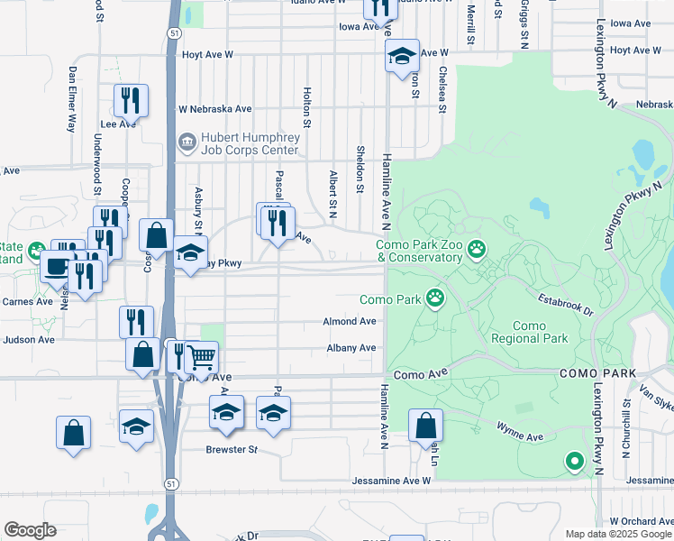 map of restaurants, bars, coffee shops, grocery stores, and more near 1403 Midway Parkway in Saint Paul