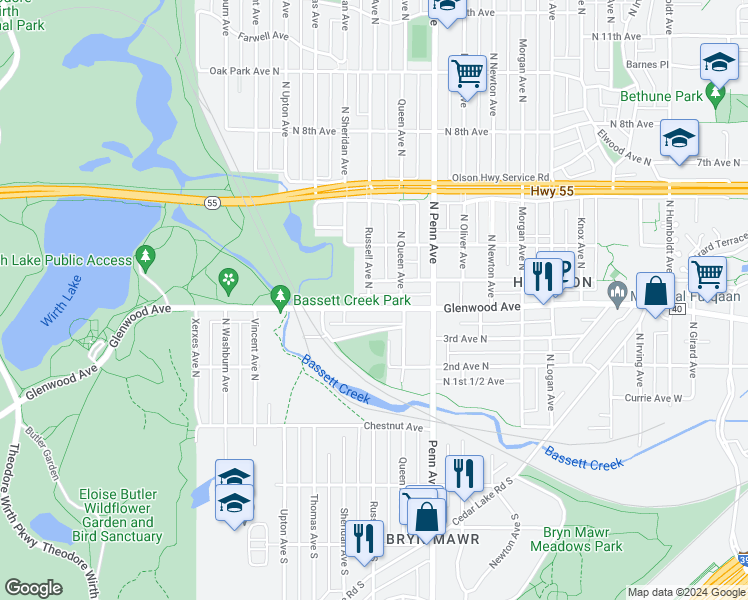 map of restaurants, bars, coffee shops, grocery stores, and more near 2324 Glenwood Avenue in Minneapolis