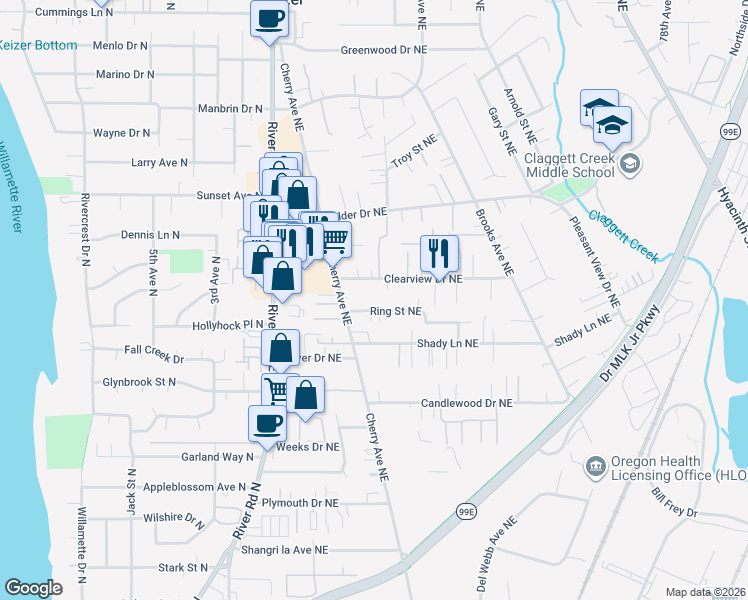 map of restaurants, bars, coffee shops, grocery stores, and more near 1028 Ring Street Northeast in Keizer