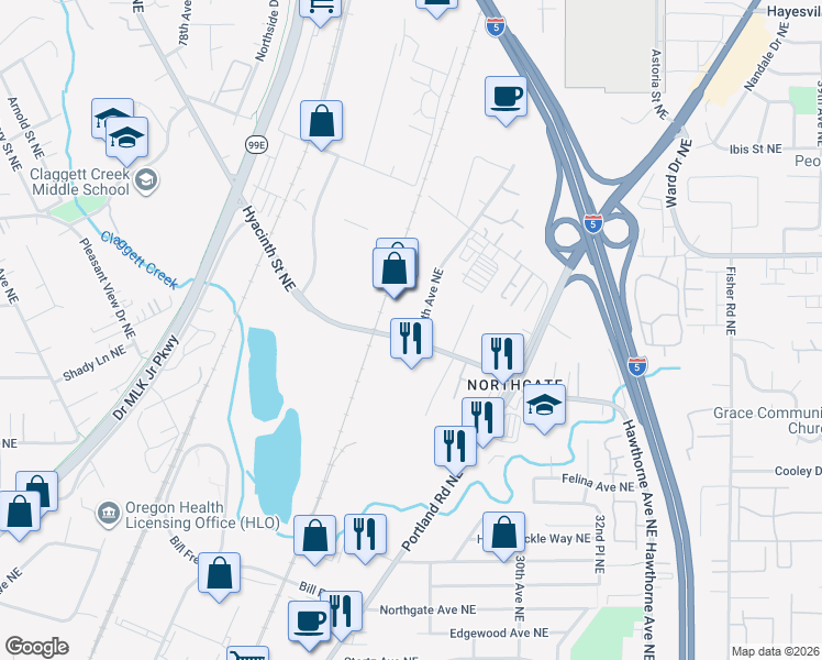 map of restaurants, bars, coffee shops, grocery stores, and more near 2190 Hyacinth Street Northeast in Salem