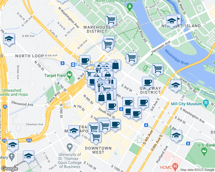 map of restaurants, bars, coffee shops, grocery stores, and more near 16 North 4th Street in Minneapolis
