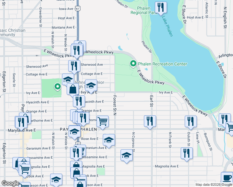 map of restaurants, bars, coffee shops, grocery stores, and more near 957 Hyacinth Avenue East in Saint Paul