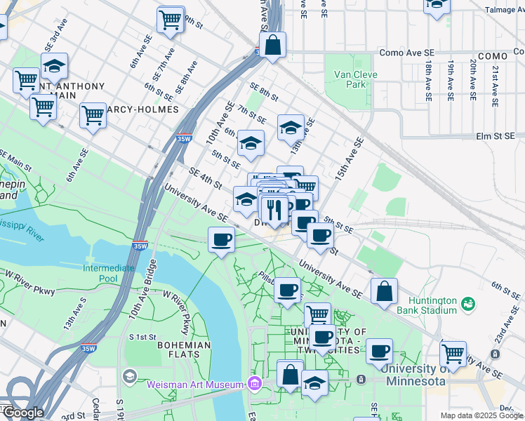 map of restaurants, bars, coffee shops, grocery stores, and more near 320 13th Avenue Southeast in Minneapolis