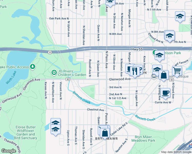 map of restaurants, bars, coffee shops, grocery stores, and more near 2319 Glenwood Avenue in Minneapolis