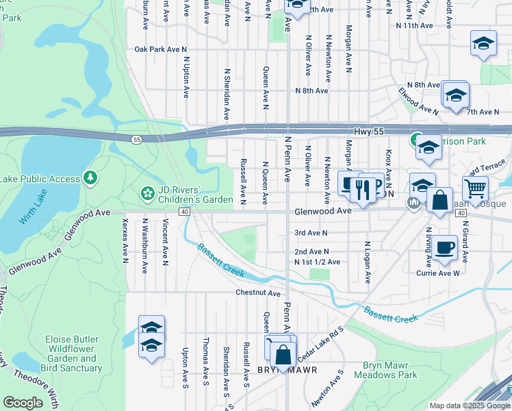 map of restaurants, bars, coffee shops, grocery stores, and more near 2319 Glenwood Avenue in Minneapolis
